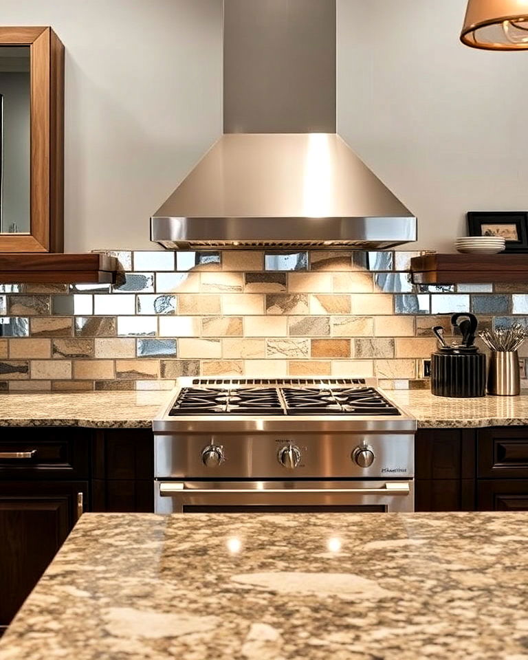 backsplash with mirrored and stone combination - 30 Mirrored Backsplash Kitchen Ideas