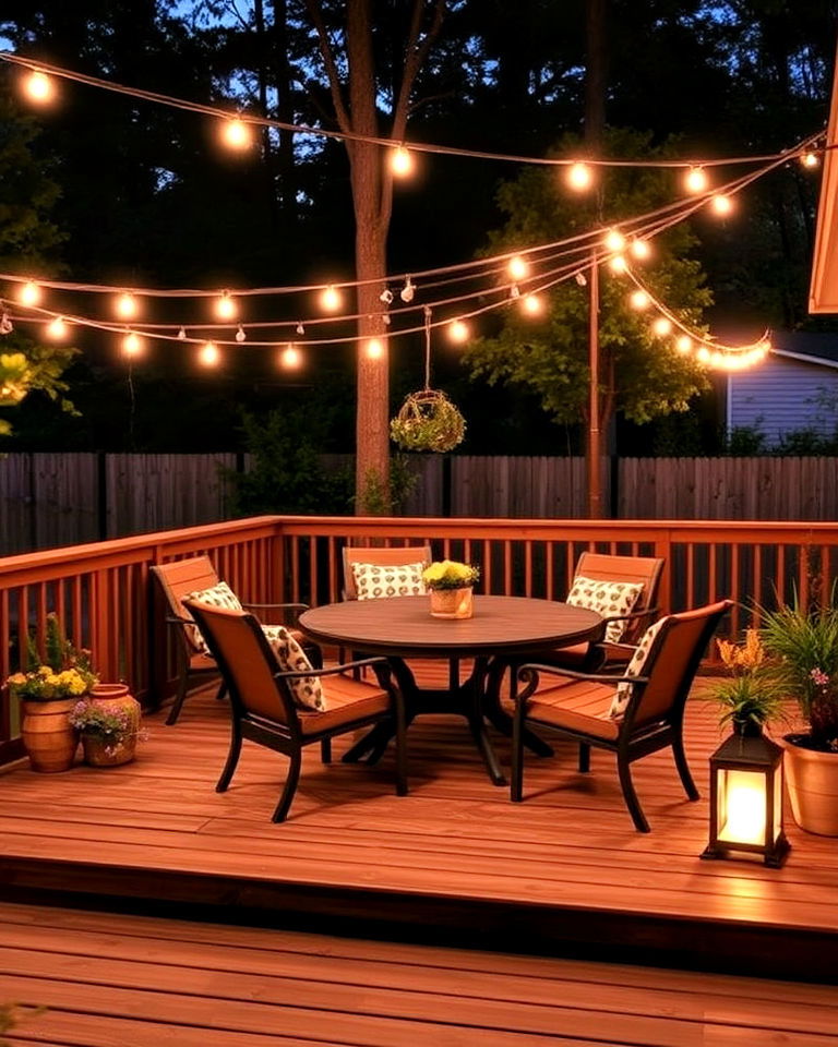 backyard deck with outdoor string lights - 30 Backyard Deck Ideas on a Budget