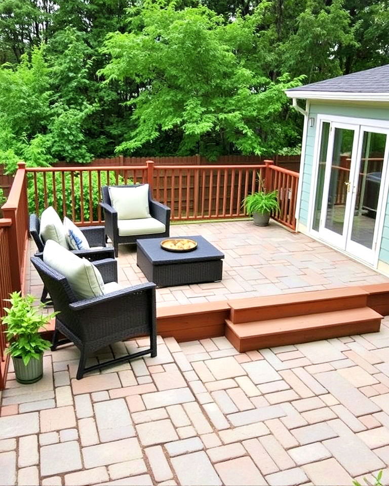 backyard with DIY concrete paver deck - 30 Backyard Deck Ideas on a Budget