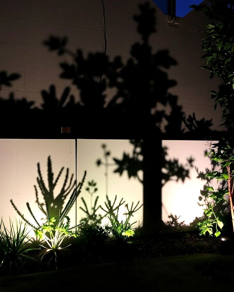 backyard with artistic shadow lighting - 40 Backyard Lighting Ideas