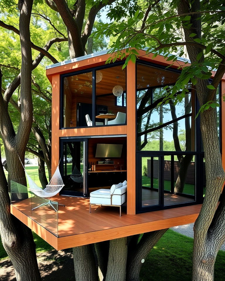 backyard with luxury treehouse - 40 Luxury Landscaping Ideas