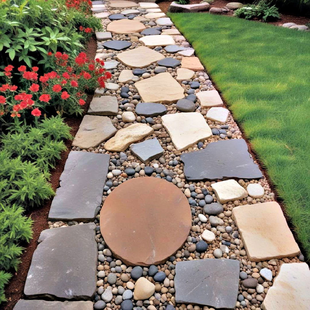 backyard with mixed material pathway - 40 Backyard Walkway Ideas