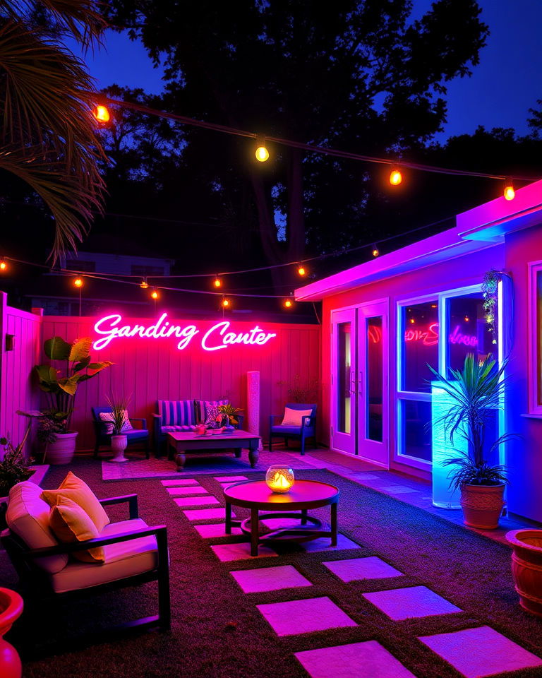 backyard with retro vibe neon lights - 40 Backyard Lighting Ideas