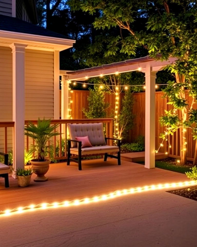 backyard with rope lights for subtle accents - 40 Backyard Lighting Ideas