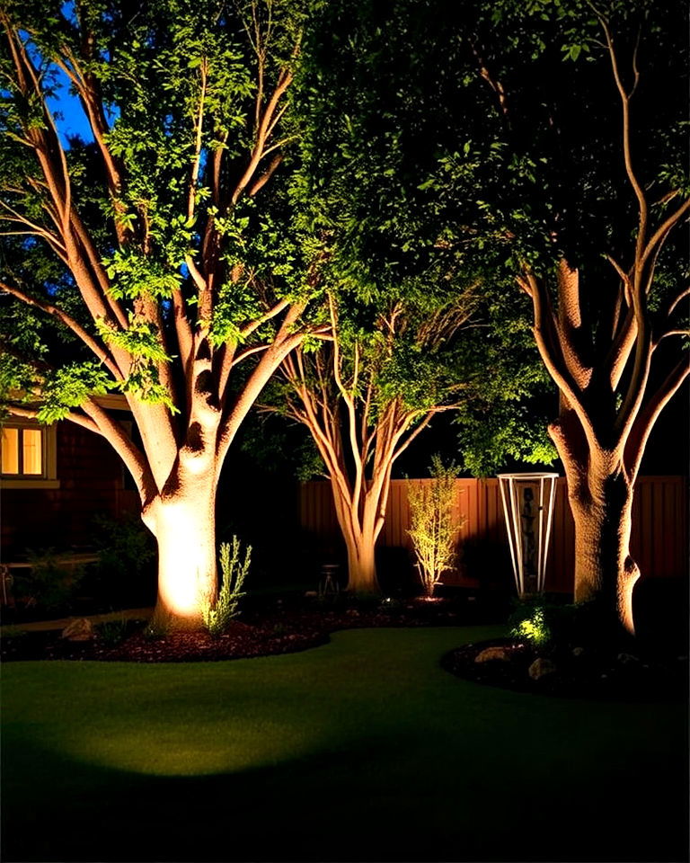 backyard with spotlights to highlight key features - 40 Backyard Lighting Ideas