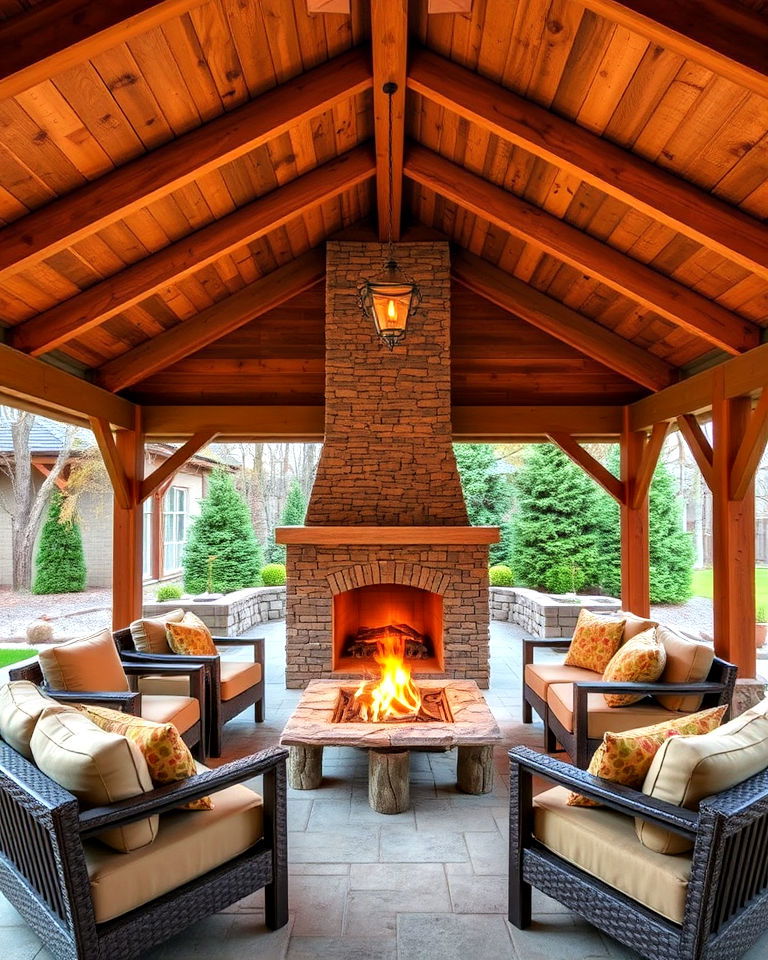 backyard with wooden pavilion and central fireplace - 15 Backyard Pavilions With Fireplaces