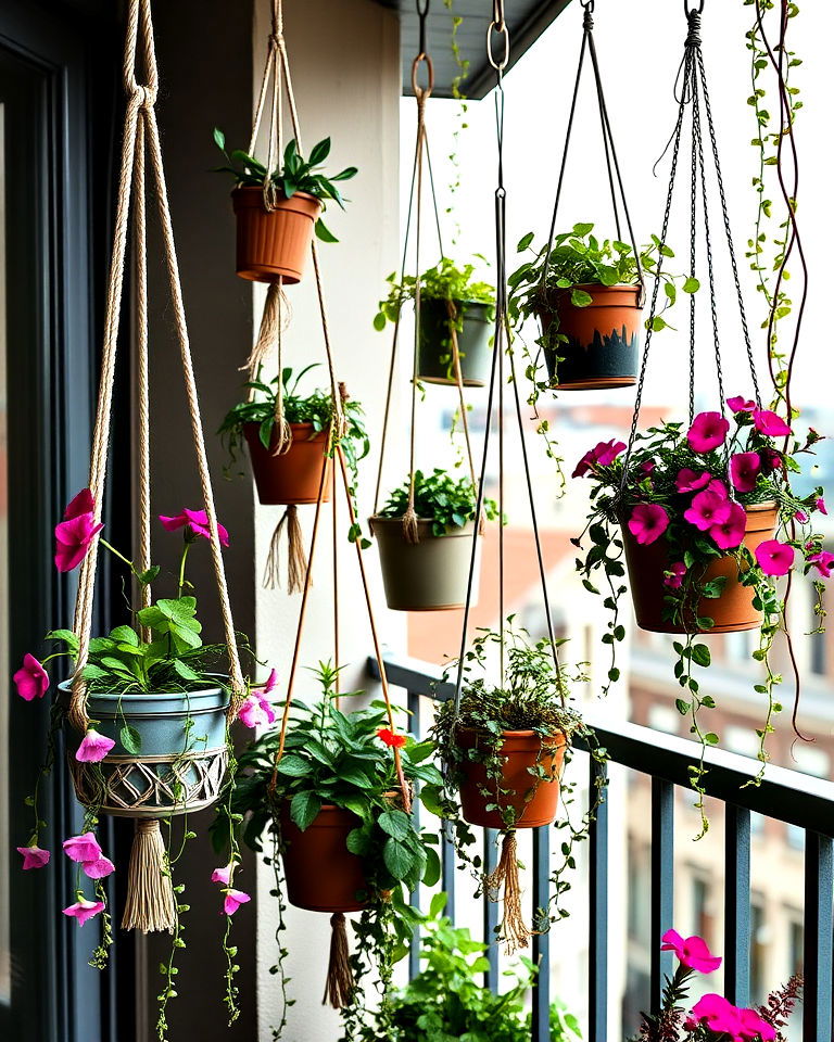 balcony garden with hanging planters - 40 Balcony Garden Ideas