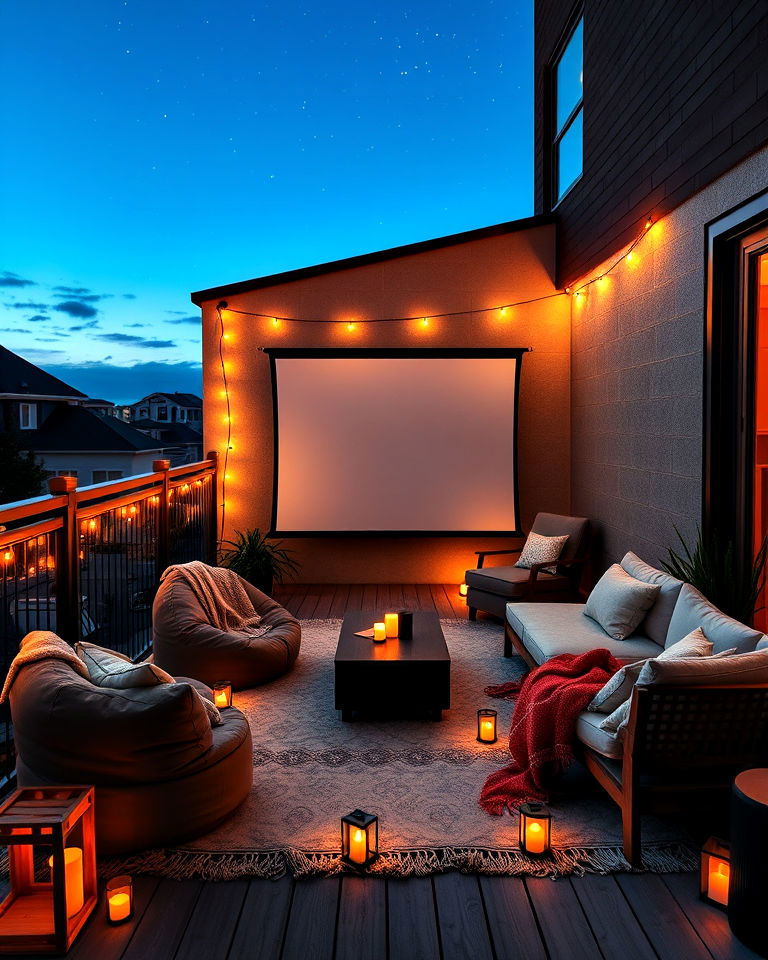balcony with a portable movie night setup - 25 Large Balcony Ideas