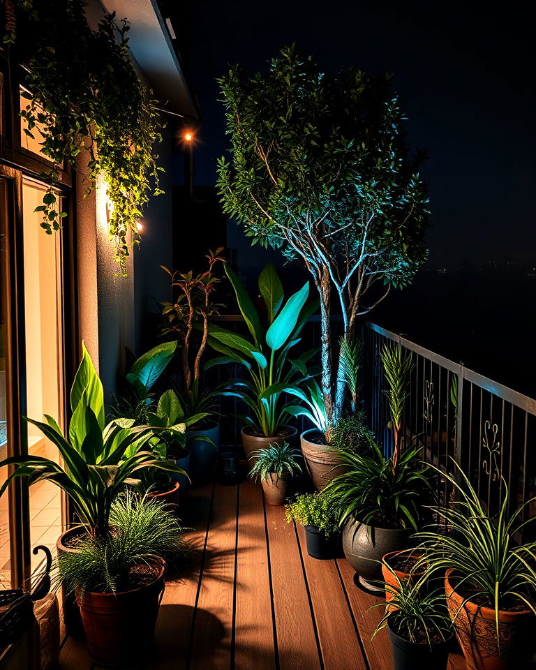 balcony with lighted plant showcase - 40 Balcony Garden Ideas