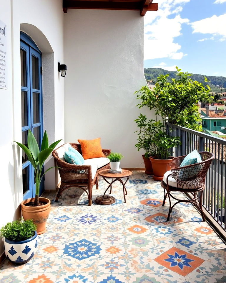 balcony with mosaic tile flooring - 20 Mediterranean Balcony Ideas