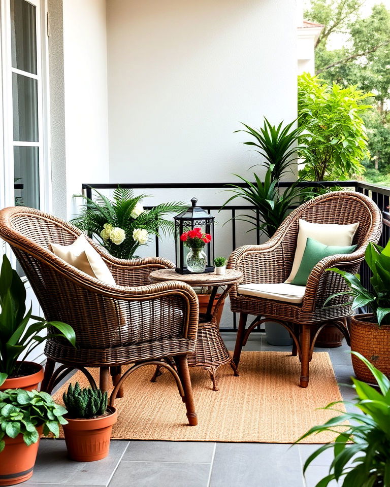 balcony with wicker chairs and side tables - 25 Balcony Seating Ideas