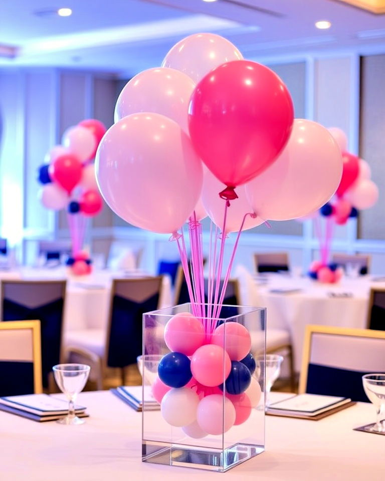 balloon cluster in clear box for centerpiece - 25 Balloon Centerpiece Ideas