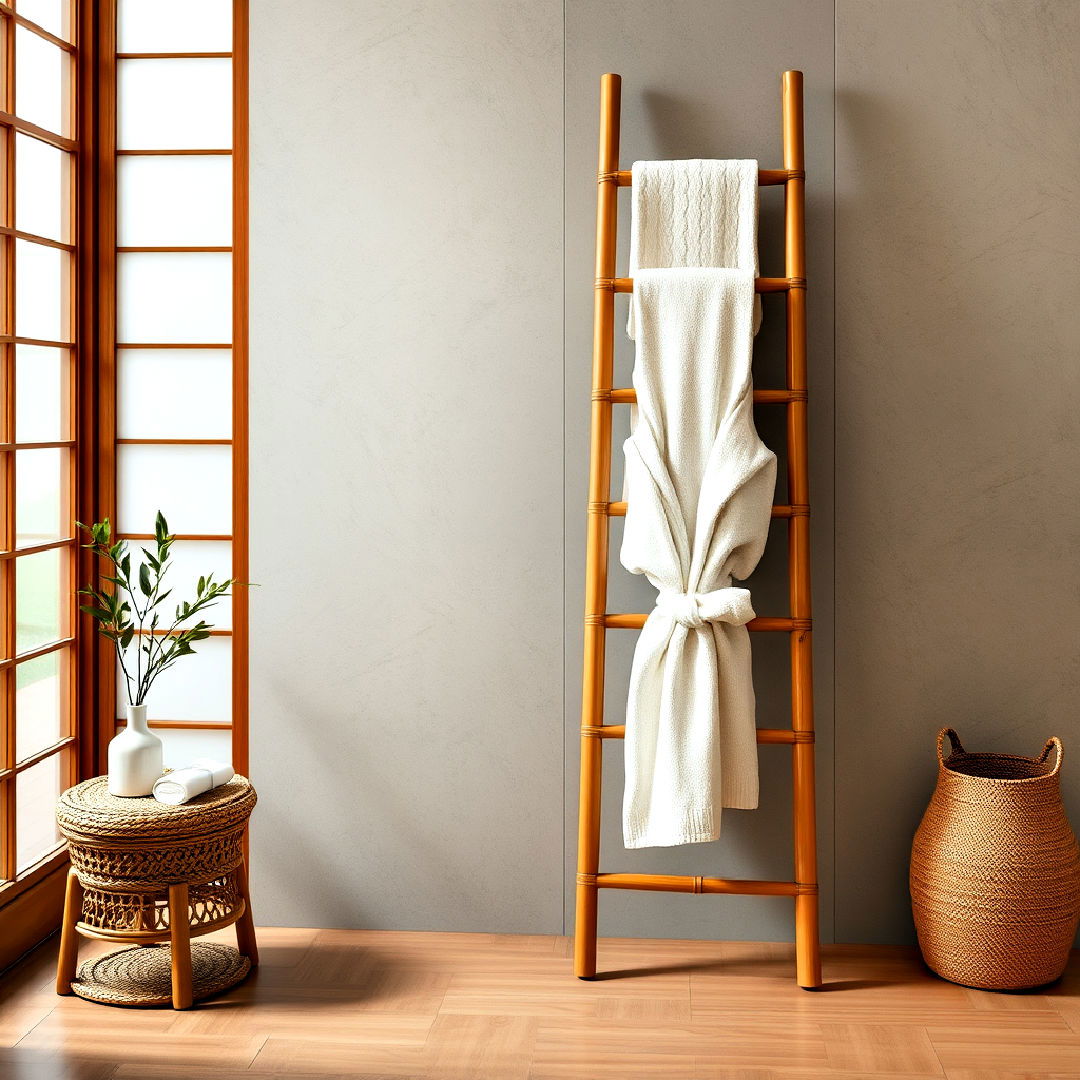 bamboo ladder towel rack ideas - 40 Japandi Bathroom Ideas