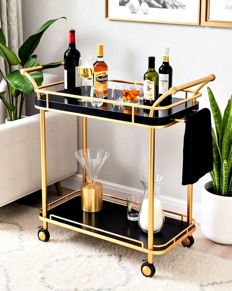 bar cart for black and gold living room - 40 Black and Gold Living Room Ideas