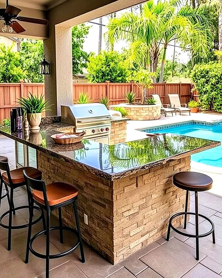 bar style countertop for pool house kitchen - 20 Pool House With Outdoor Kitchen Ideas