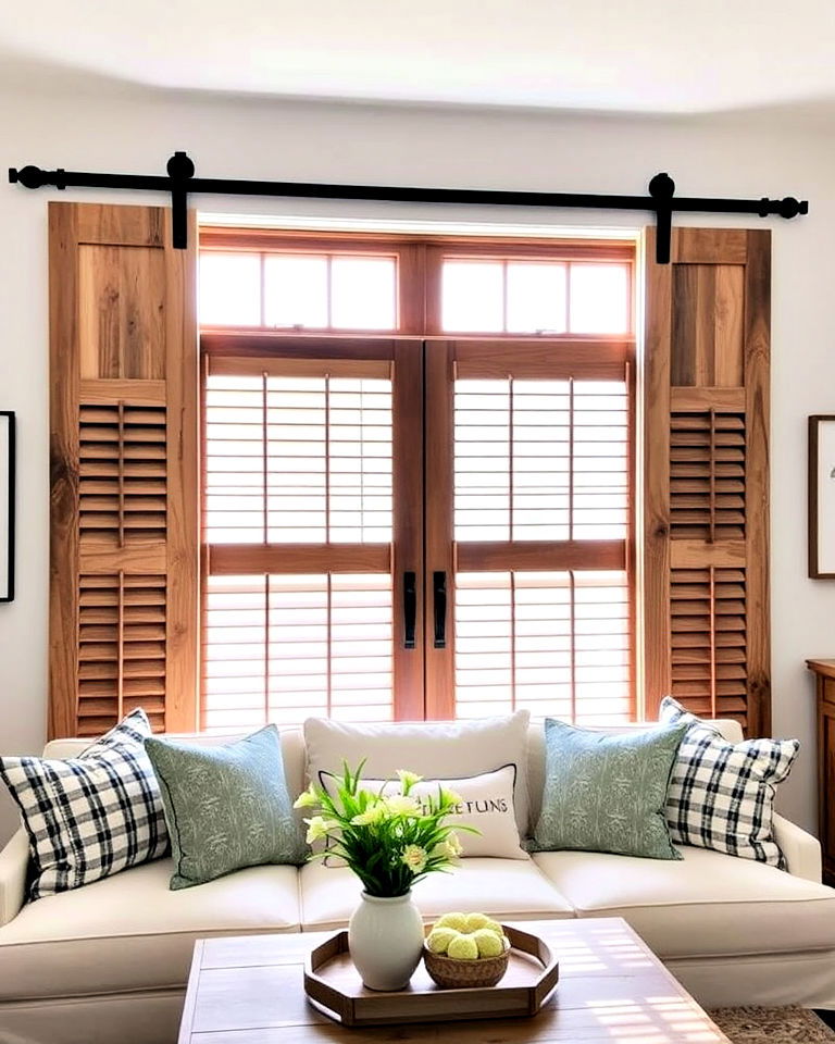 barn door shutters for window treatment - 40 Farmhouse Window Treatment Ideas