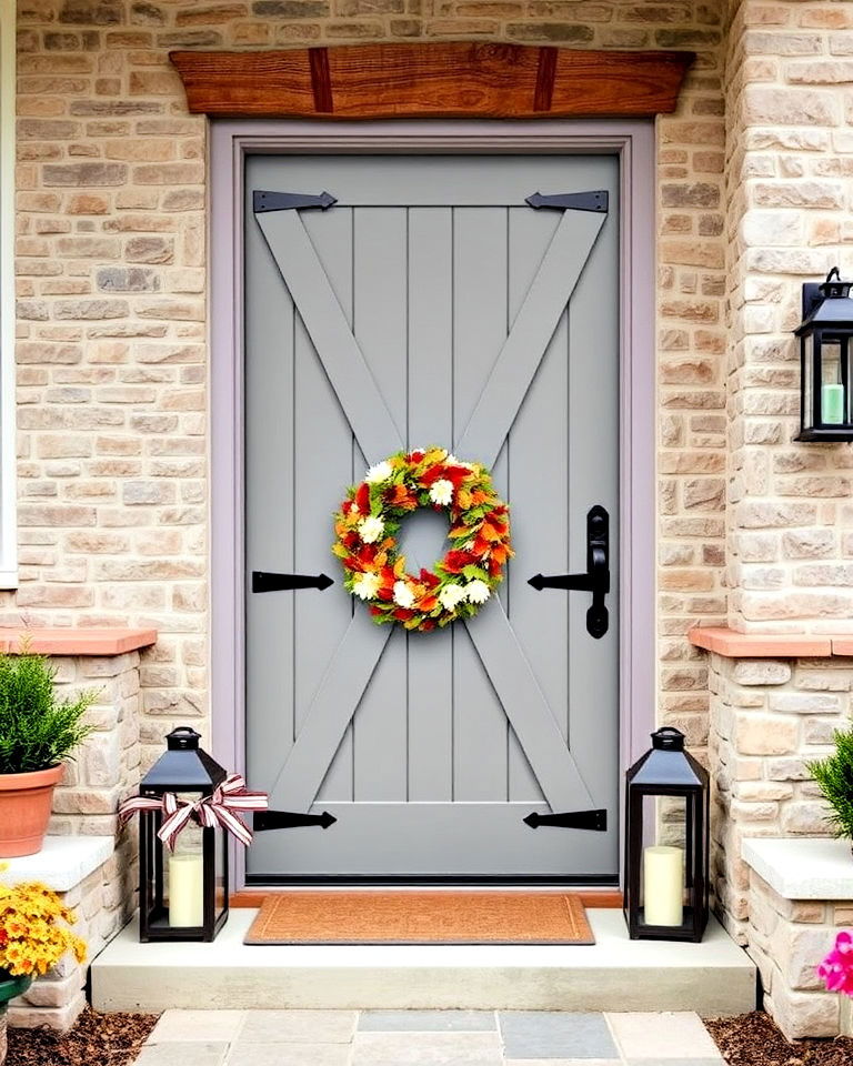 barn door style muted grey front door - 25 Grey Front Door Ideas