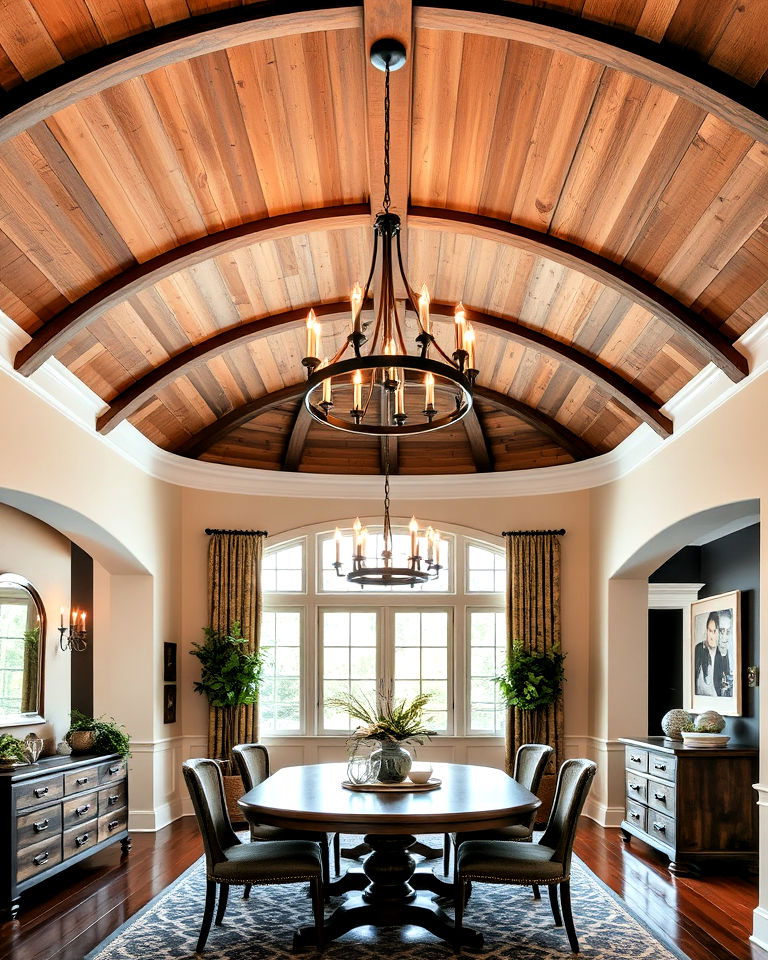 barrel ceiling with statement lighting - 20 Barrel Ceiling Ideas