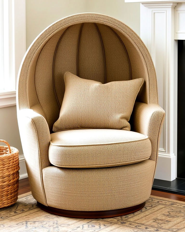 barrel chair with curved back in front of the fireplace - 20 Chairs in Front of Fireplace Ideas
