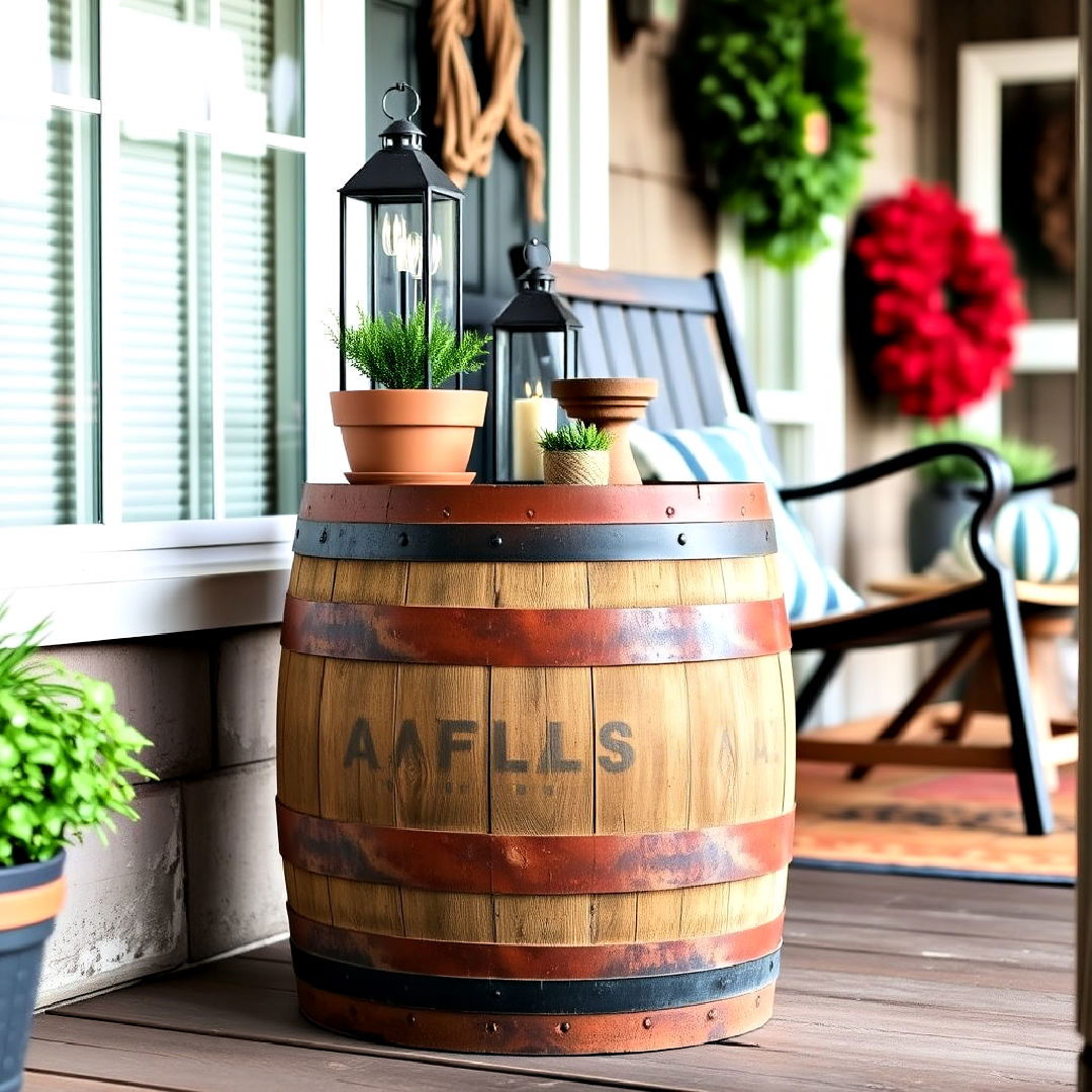 barrel table for rustic front porch - 25 Rustic Front Porch Ideas