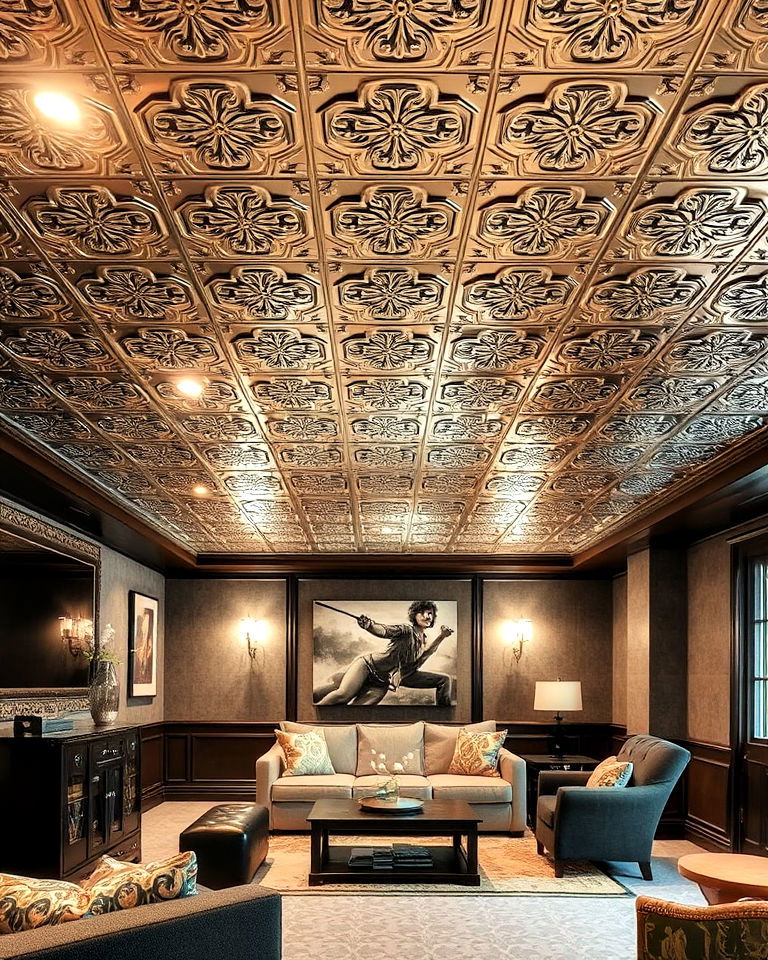 basement ceiling with faux tin tiles - 25 Exposed Basement Ceiling Ideas