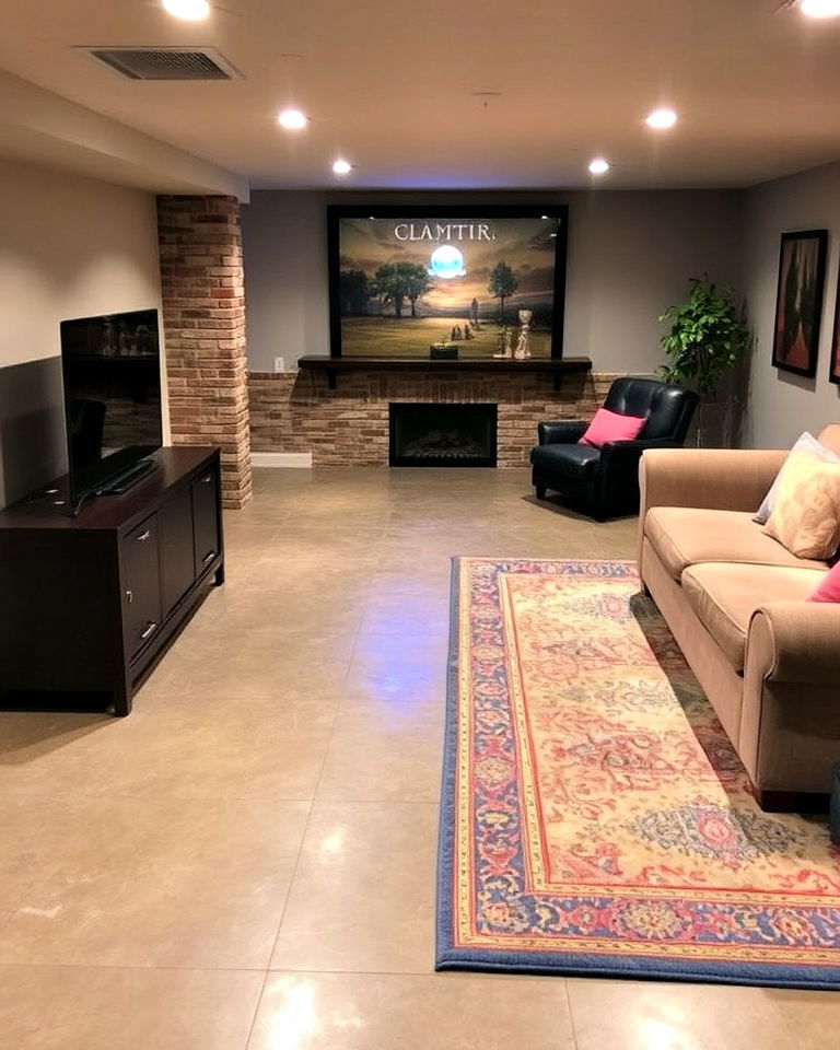 basement concrete floor with rug - 20 Concrete Basement Floor Ideas