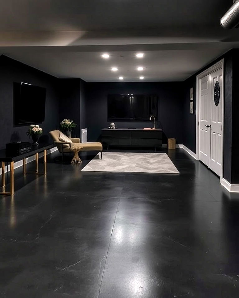 basement with blackened concrete floor - 20 Concrete Basement Floor Ideas