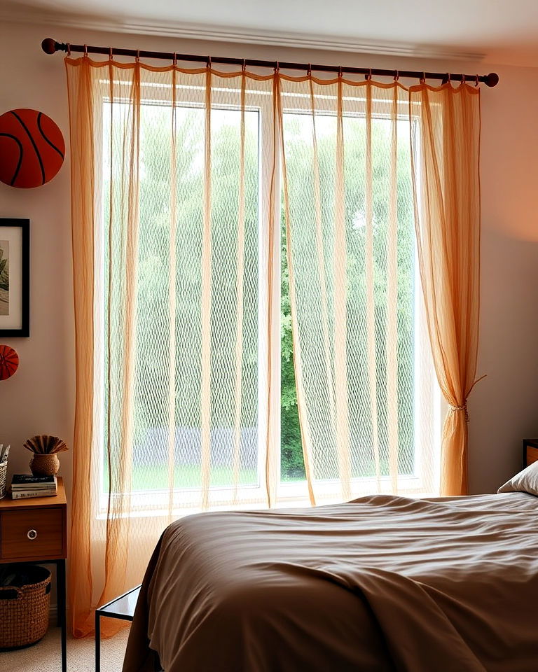 basketball net curtains for thematic touch - 25 Basketball Room Decor Ideas