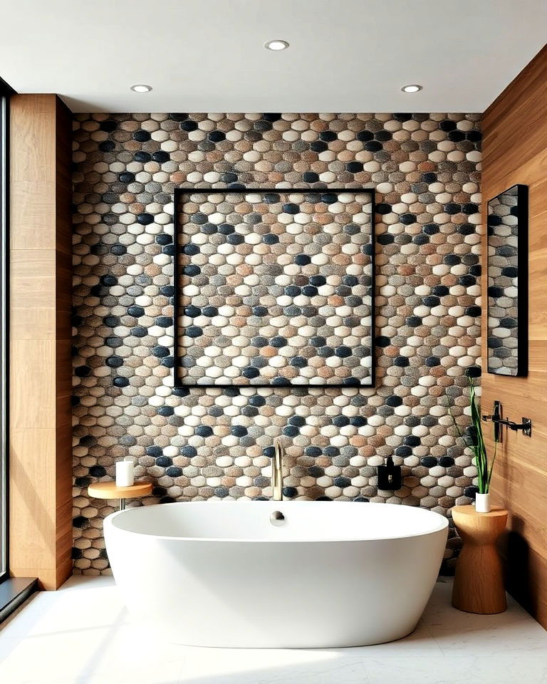 bathroom accent wall with polished pebbles - 20 Pebble Tile Bathroom Ideas