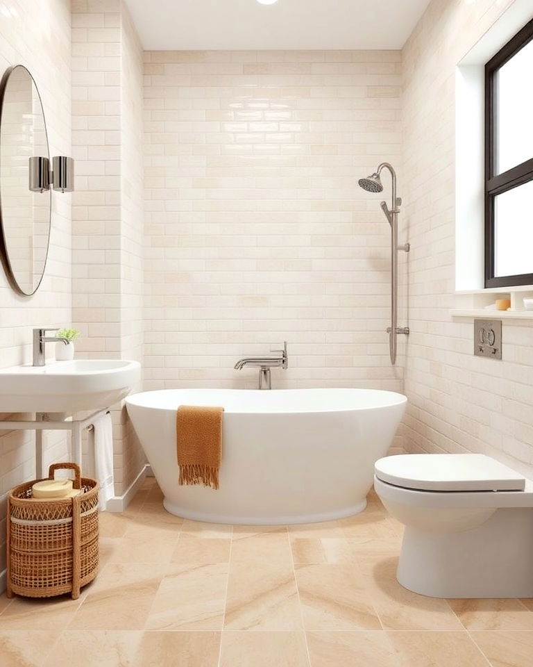 bathroom with beige and white tile combo - 15 Brown and White Bathroom Ideas
