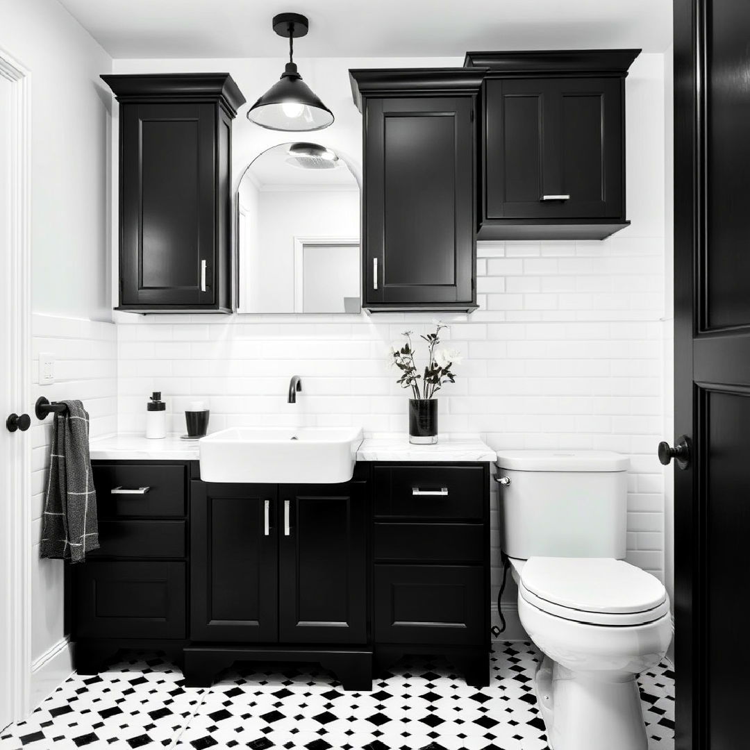 bathroom with black and white color palette - 25 Bathroom With Black Cabinets Ideas