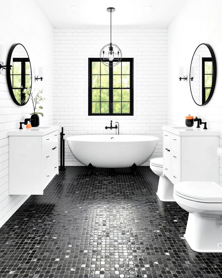 bathroom with black mosaic tiles floor and white walls - 20 Black Floor Bathroom With White Walls Ideas