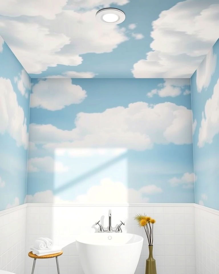 bathroom with cloudy sky dreamscape mural - 30 Bathroom Mural Ideas