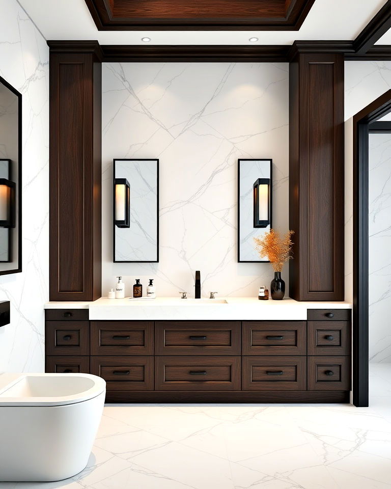 bathroom with dark wood accents and white marble - 15 Brown and White Bathroom Ideas