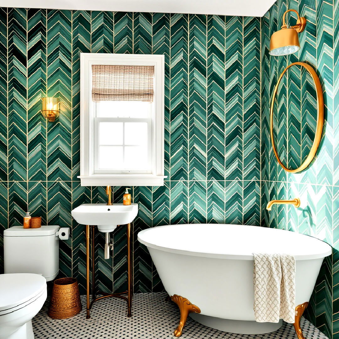 bathroom with hunter green chevron tiles - 25 Green Tile Bathroom Ideas