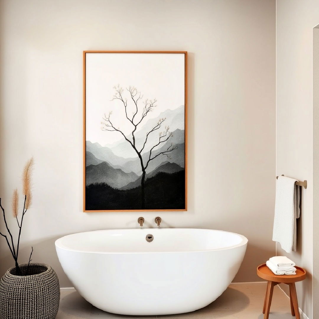 bathroom with japandi inspired artwork - 40 Japandi Bathroom Ideas