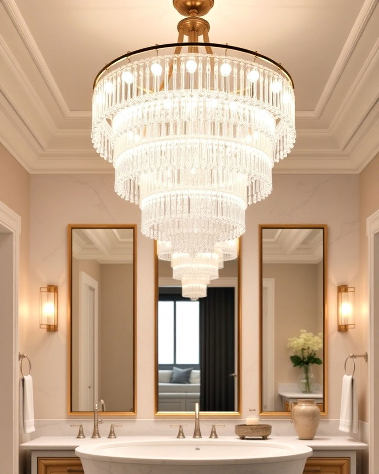 bathroom with luxurious tiered chandelier - 20 Bathroom Chandelier Ideas