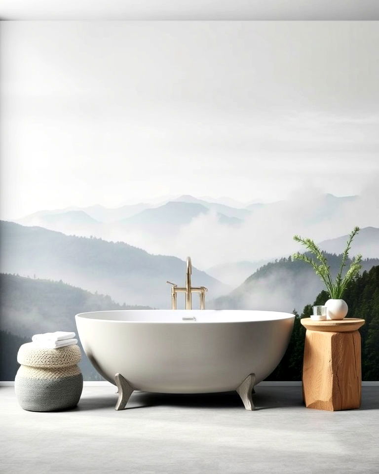 bathroom with misty mountain escape mural - 30 Bathroom Mural Ideas