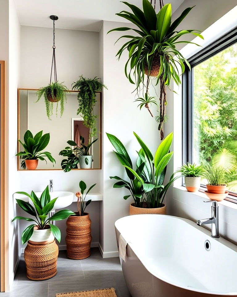 bathroom with modern indoor plants - 30 Open Concept Bathroom Ideas