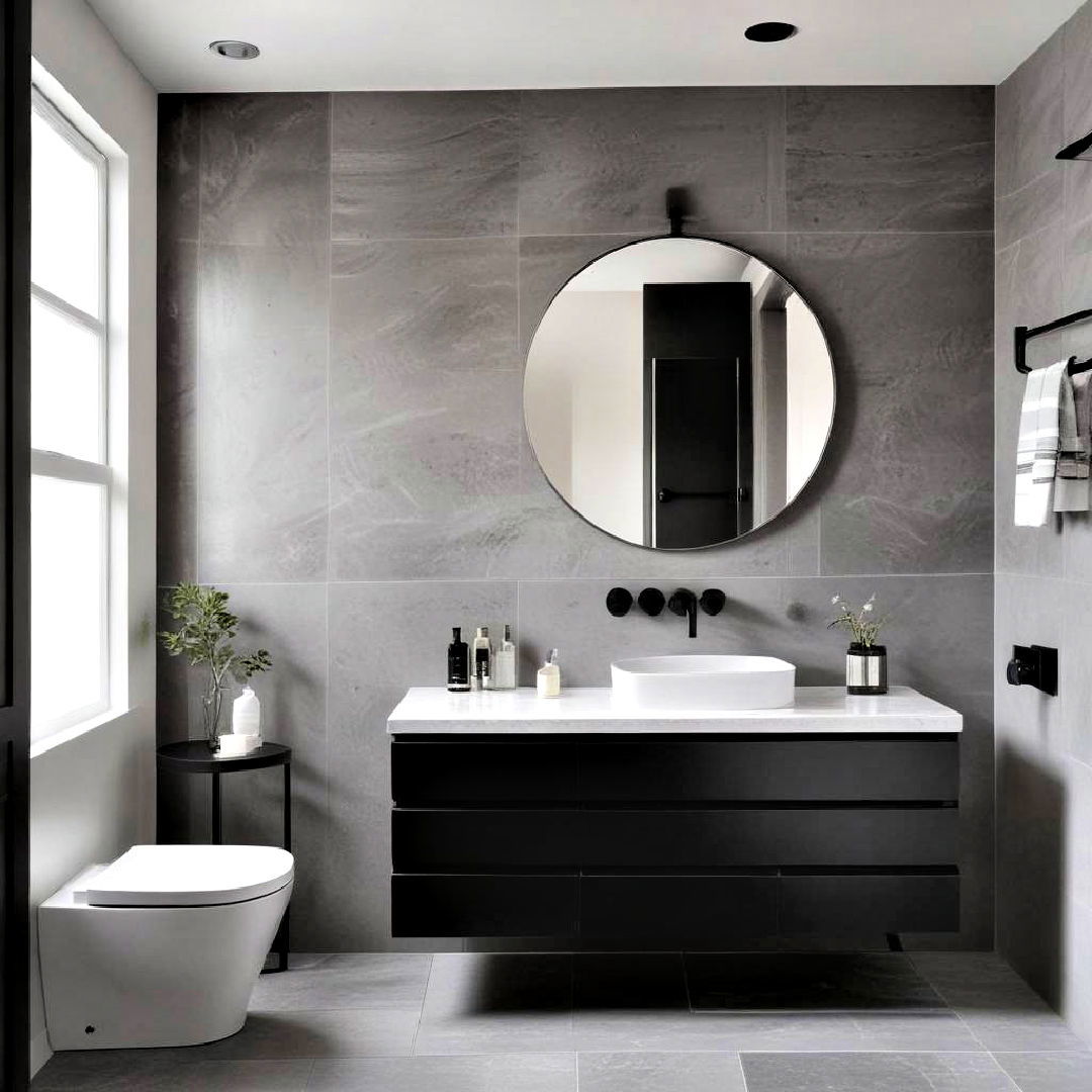 bathroom with monochromatic minimalism - 20 Black and Grey Bathroom Ideas