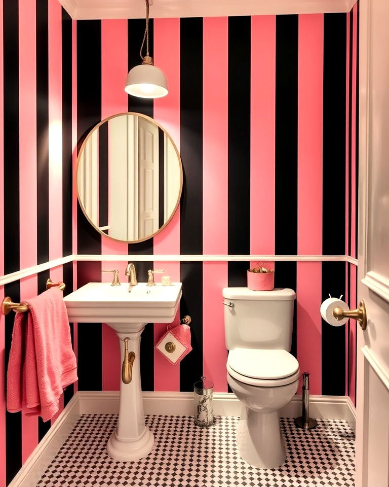 bathroom with pink and black striped wallpaper - 25 Pink and Black Bathroom Ideas