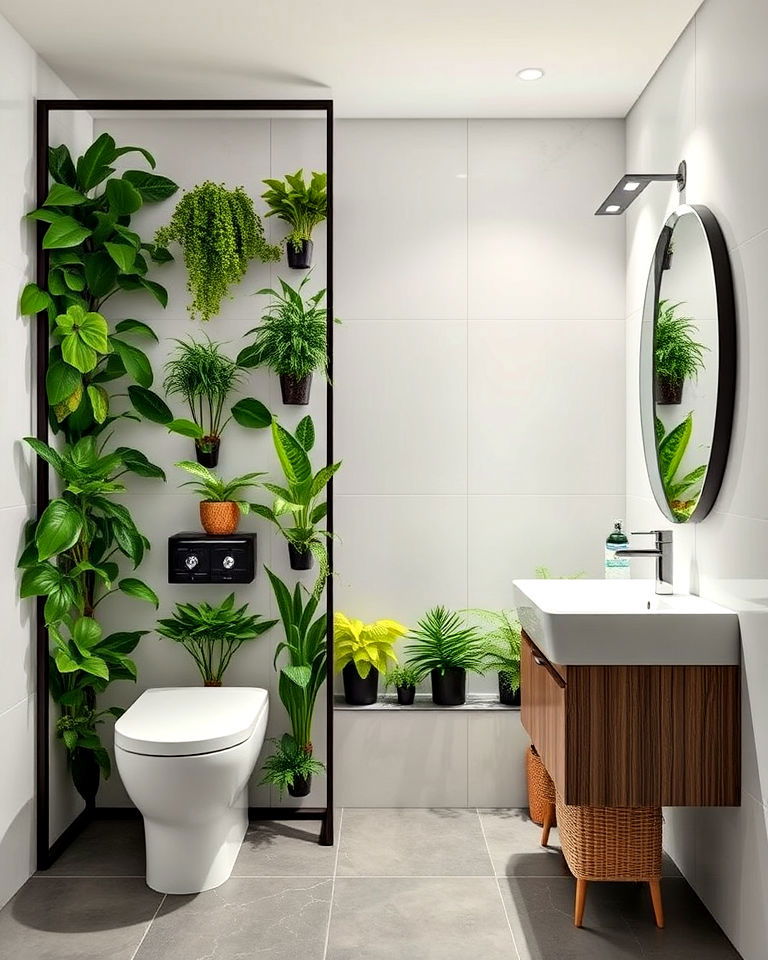 bathroom with refreshing plant wall partition - 20 Bathroom Partition Ideas