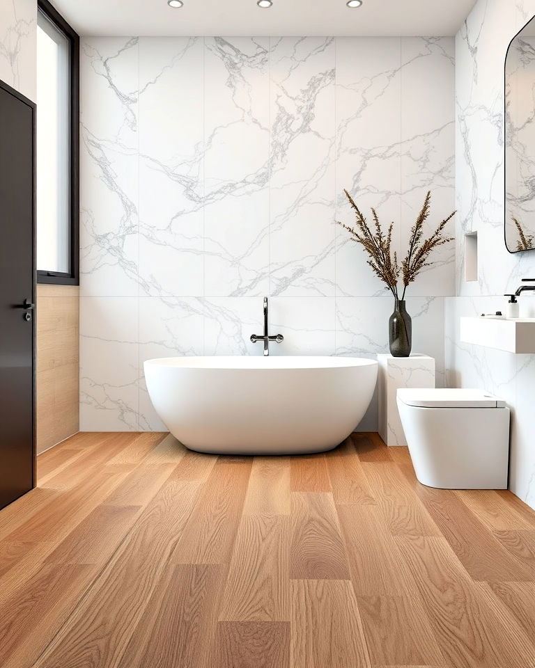 bathroom with textured wood floor - 25 Ideas for Wood Floors in Bathrooms