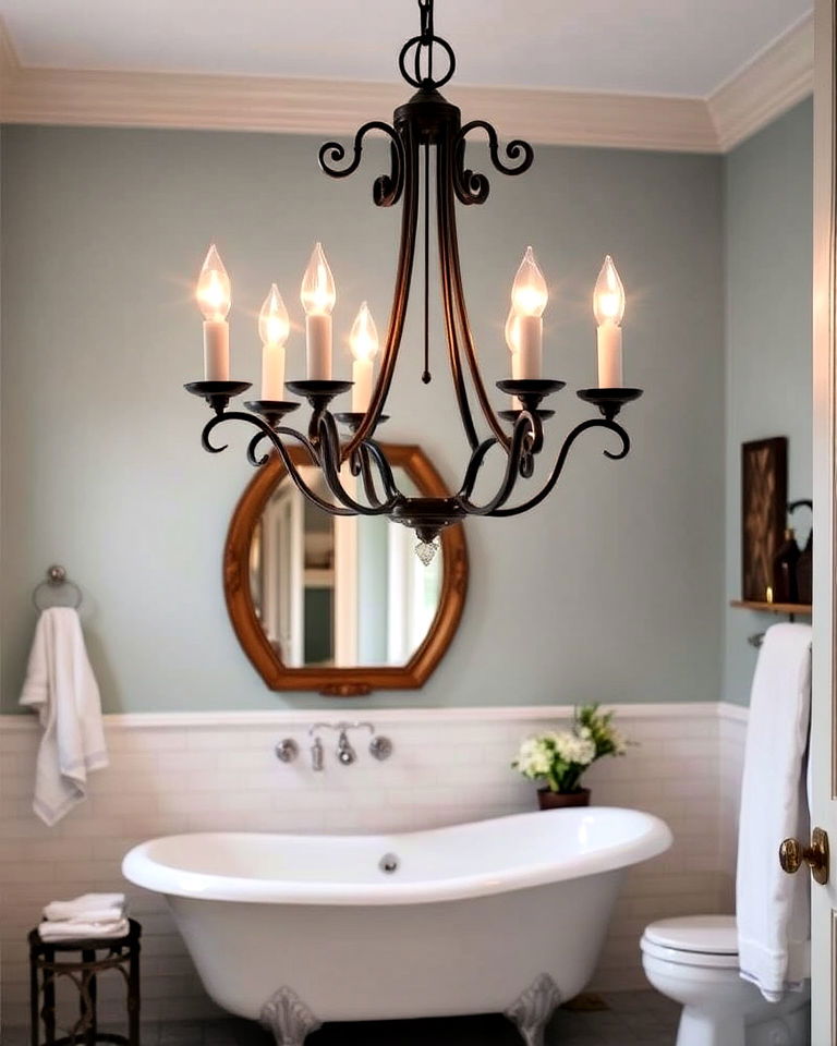 bathroom with vintage candle style chandelier - 20 Bathroom Chandelier Ideas