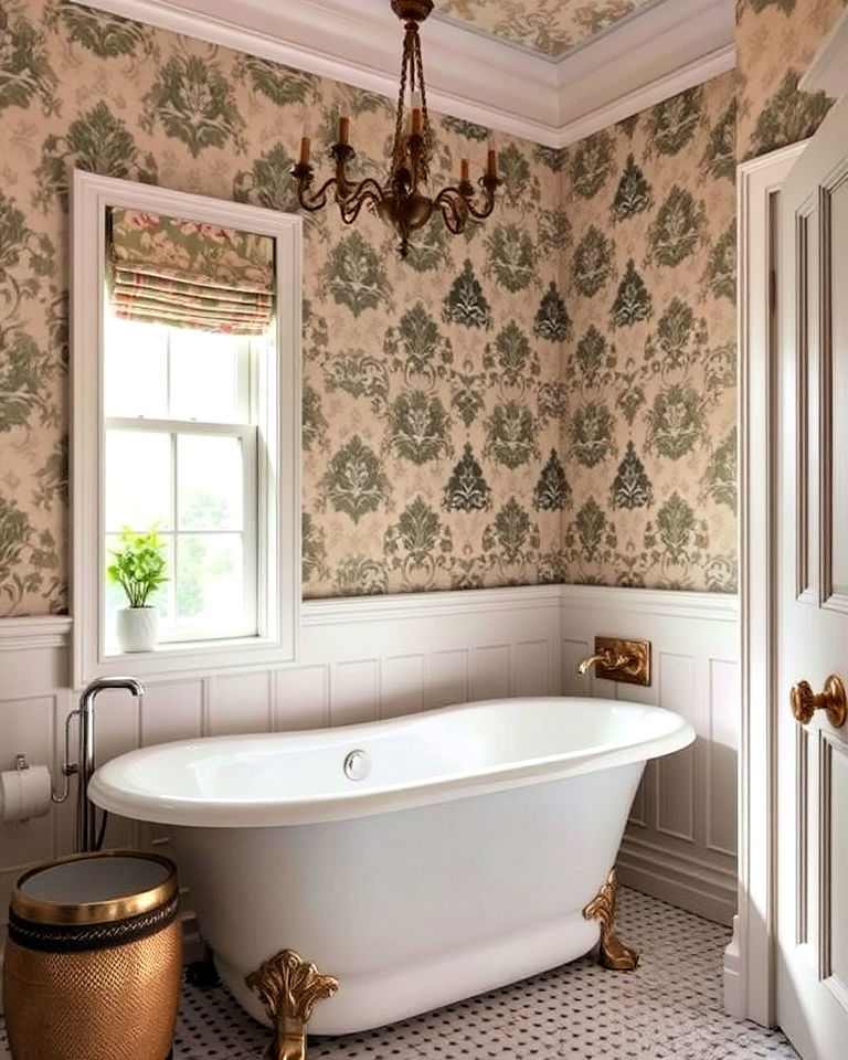 bathroom with vintage damask wallpaper - 30 Bathroom Wallpaper Ideas