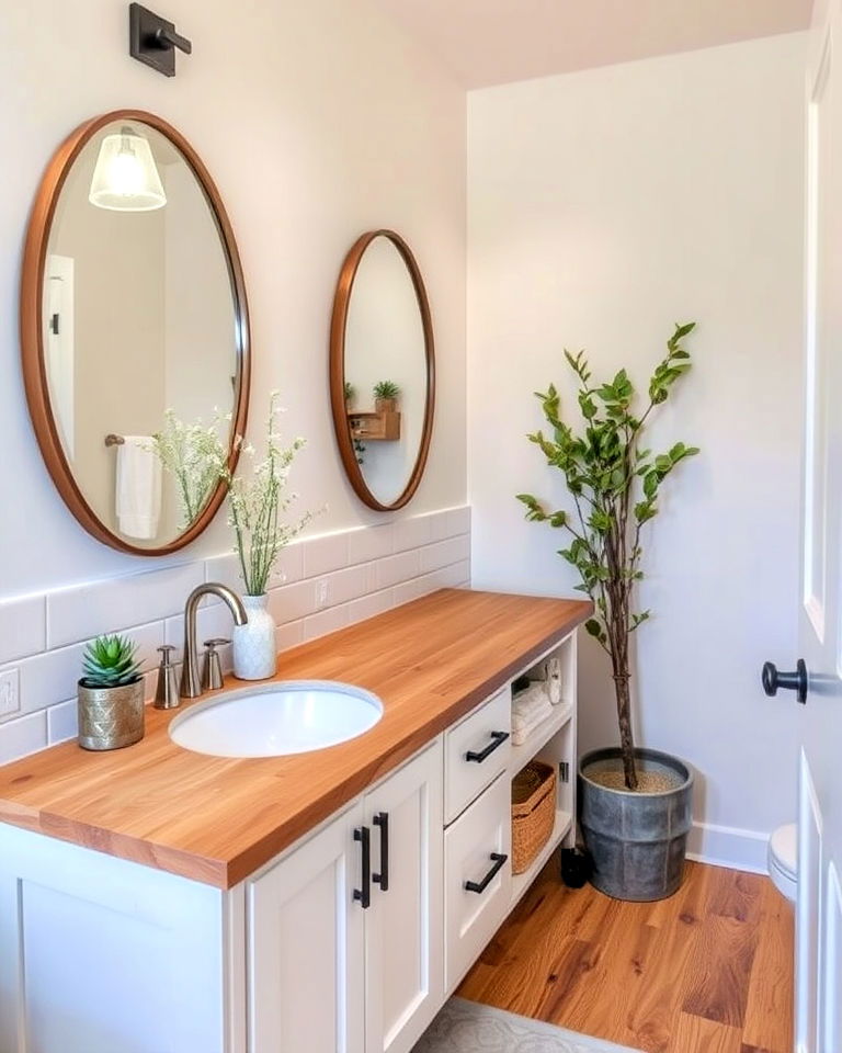 bathroom with warm wooden countertop - 20 Bathroom Countertop Ideas