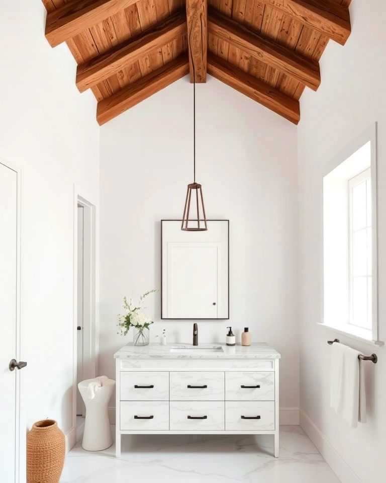 bathroom with wooden ceiling beams and white walls - 15 Brown and White Bathroom Ideas