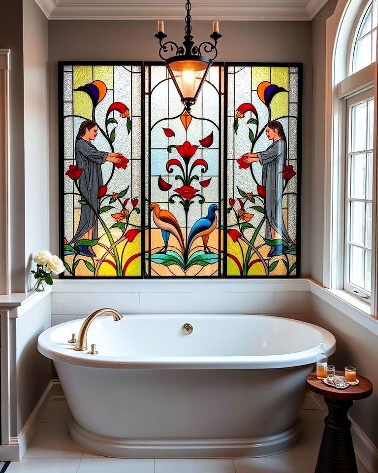 bathtub against stained glass window - 20 Stained Glass Bathtub Ideas