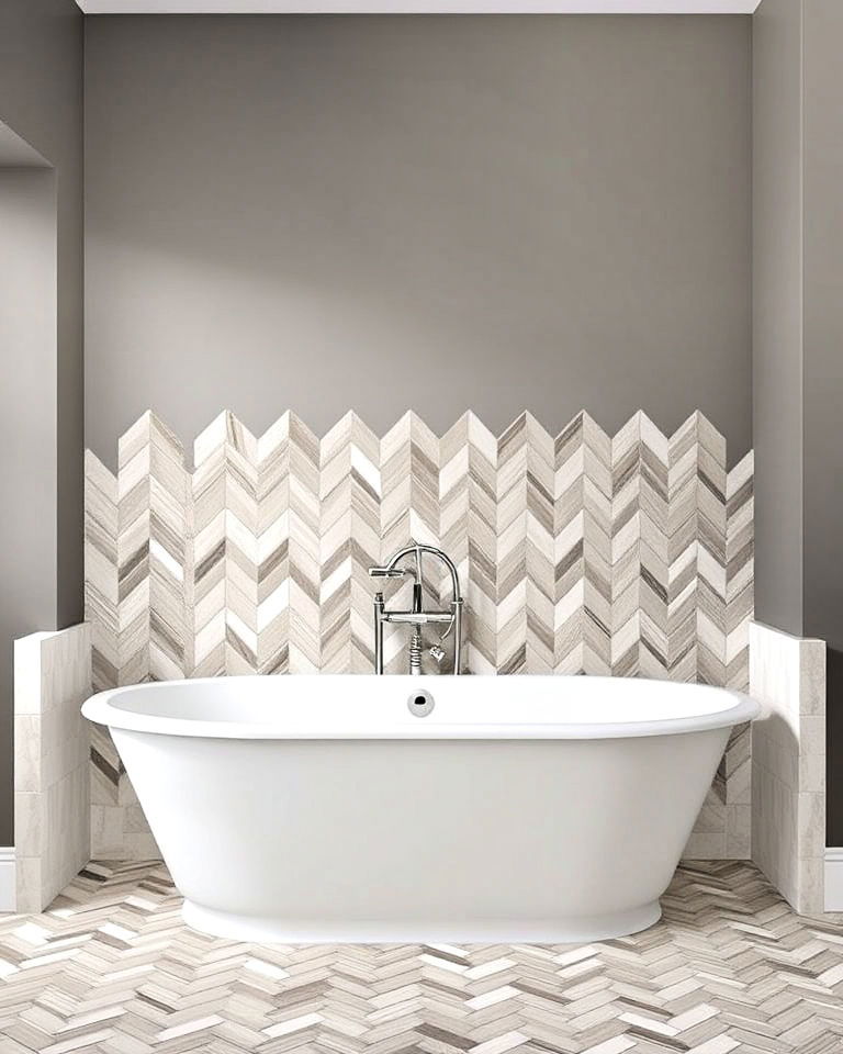 bathtub area with dynamic herringbone pattern tiles - 40 Bathtub Tile Ideas