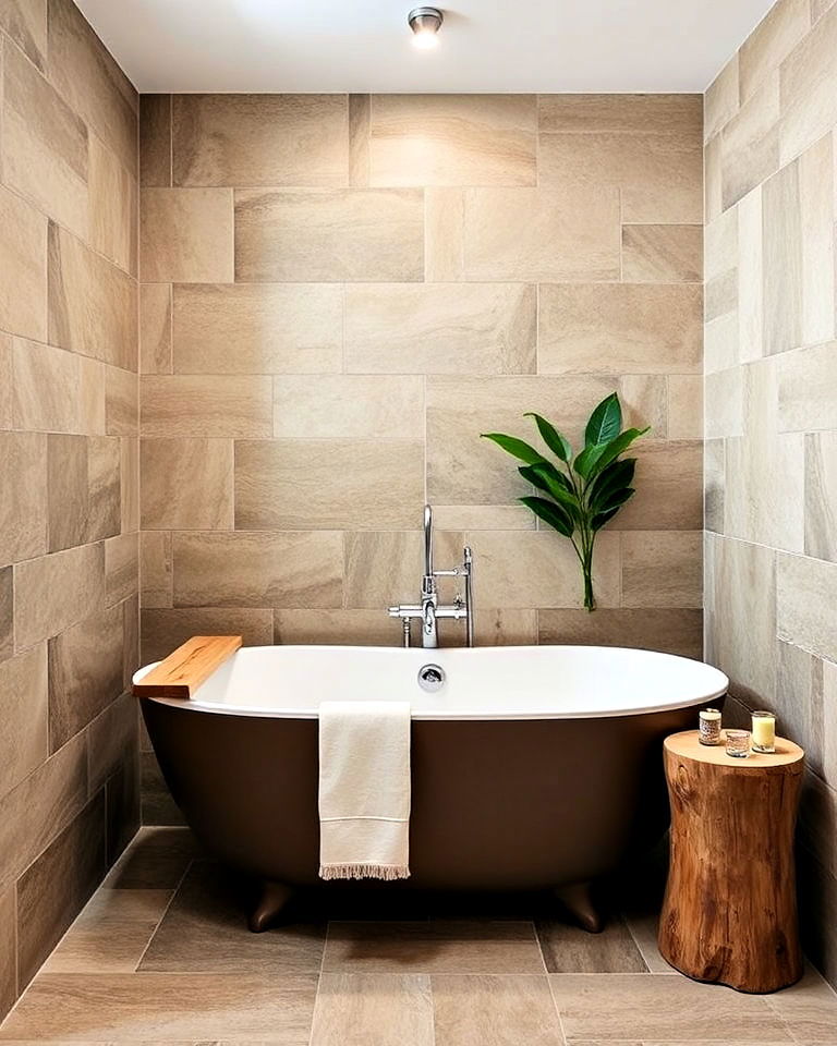 bathtub area with earthy natural stone tiles - 40 Bathtub Tile Ideas